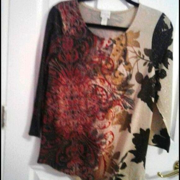 Chico's Boho Chic Cream Burgundy Abstract Floral Asymmetrical Top Fall - Picture 2 of 8